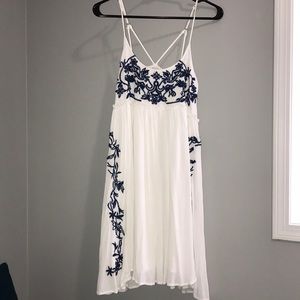 Strapless white dress with blue detailing!